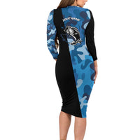Custom Blue Camo Bass Fishing Family Matching Long Sleeve Bodycon Dress and Hawaiian Shirt Fishing Rod Graphic Design - Wonder Print Shop