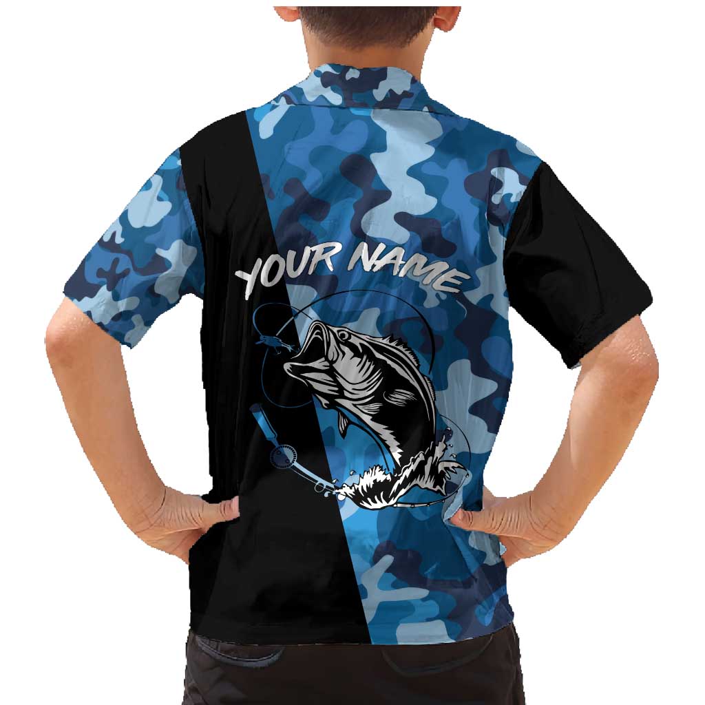 Custom Blue Camo Bass Fishing Family Matching Mermaid Dress and Hawaiian Shirt Fishing Rod Graphic Design - Wonder Print Shop