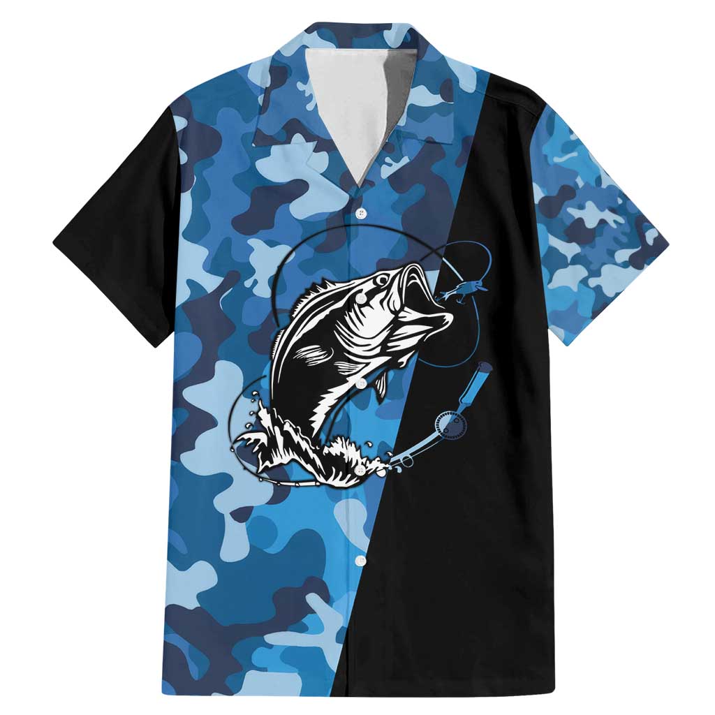 Custom Blue Camo Bass Fishing Family Matching Mermaid Dress and Hawaiian Shirt Fishing Rod Graphic Design - Wonder Print Shop