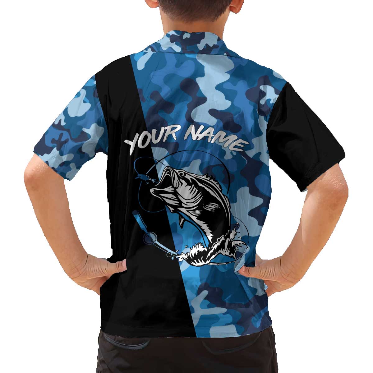 Custom Blue Camo Bass Fishing Family Matching Off The Shoulder Long Sleeve Dress and Hawaiian Shirt Fishing Rod Graphic Design - Wonder Print Shop
