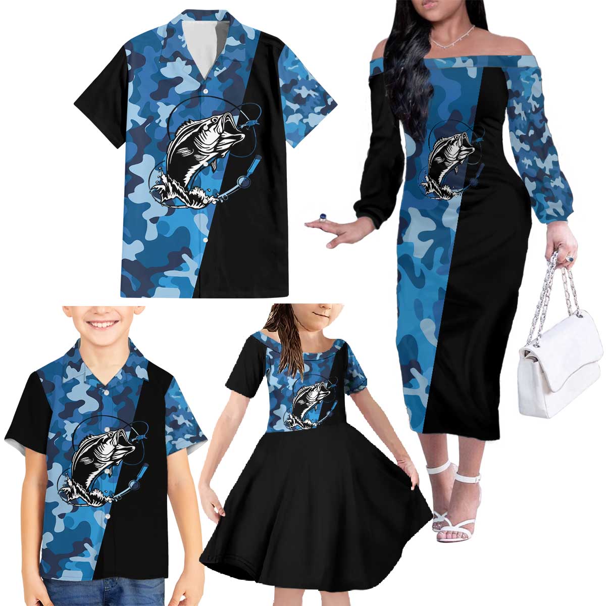 Custom Blue Camo Bass Fishing Family Matching Off The Shoulder Long Sleeve Dress and Hawaiian Shirt Fishing Rod Graphic Design - Wonder Print Shop