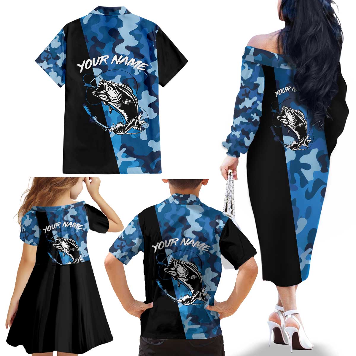 Custom Blue Camo Bass Fishing Family Matching Off The Shoulder Long Sleeve Dress and Hawaiian Shirt Fishing Rod Graphic Design - Wonder Print Shop