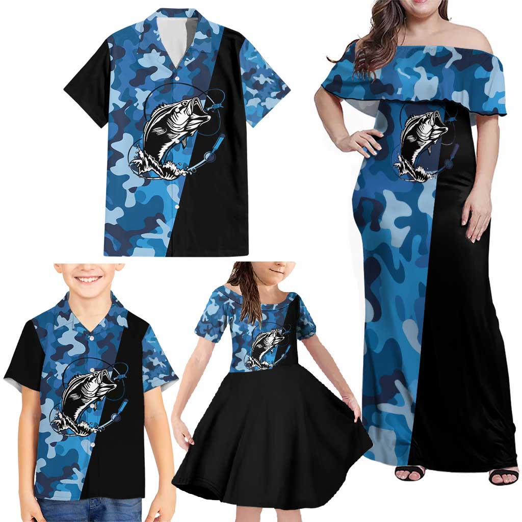 Custom Blue Camo Bass Fishing Family Matching Off Shoulder Maxi Dress and Hawaiian Shirt Fishing Rod Graphic Design - Wonder Print Shop