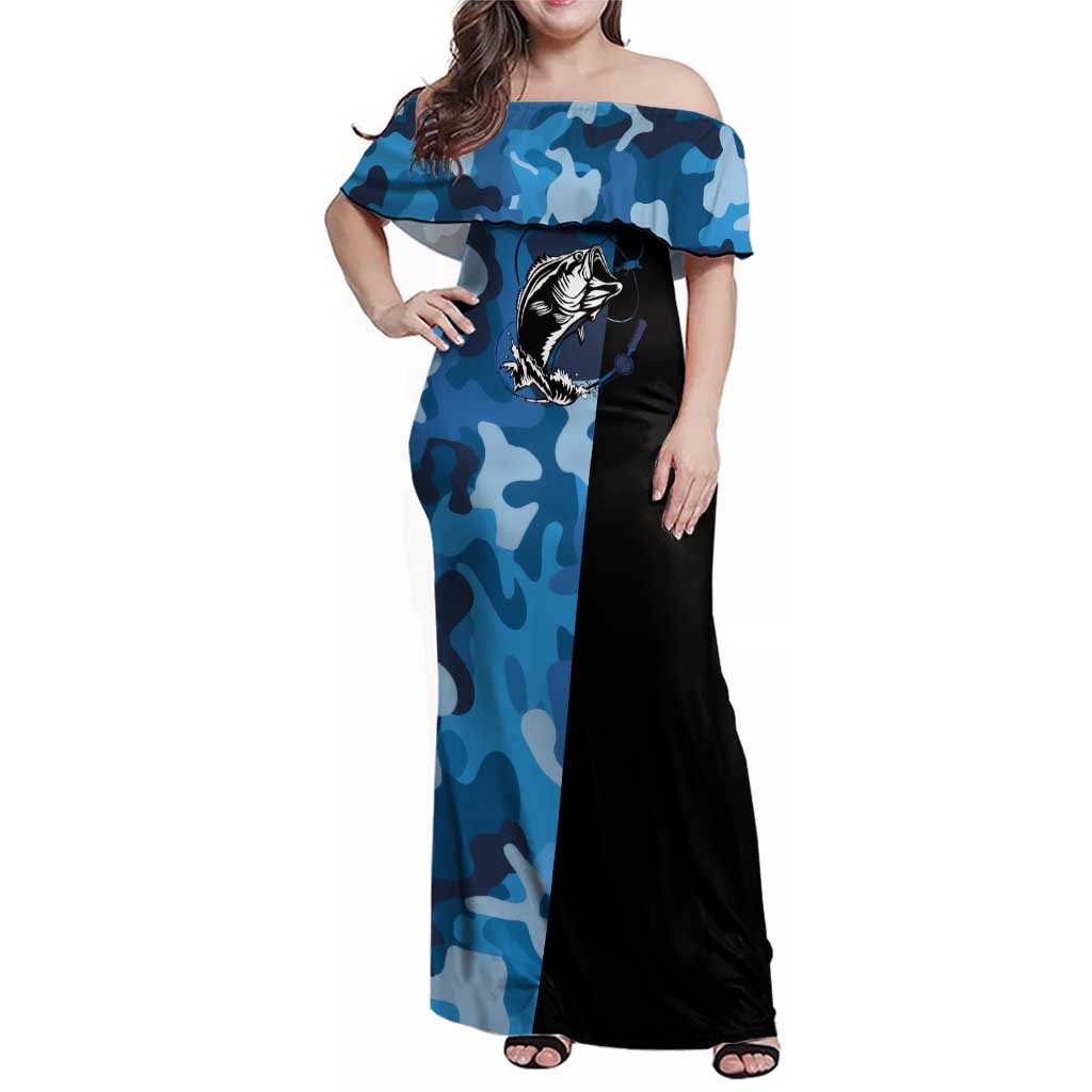 Custom Blue Camo Bass Fishing Family Matching Off Shoulder Maxi Dress and Hawaiian Shirt Fishing Rod Graphic Design - Wonder Print Shop