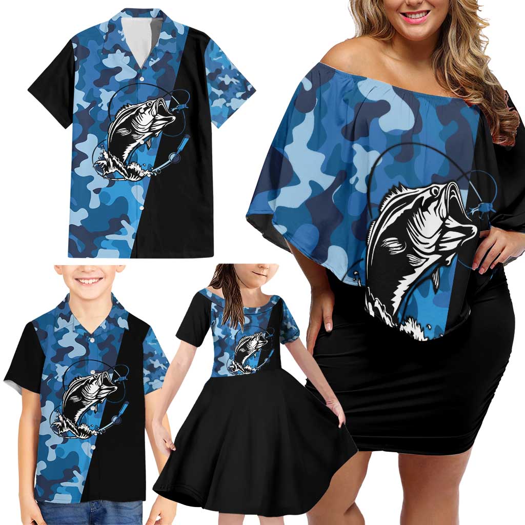 Custom Blue Camo Bass Fishing Family Matching Off Shoulder Short Dress and Hawaiian Shirt Fishing Rod Graphic Design - Wonder Print Shop