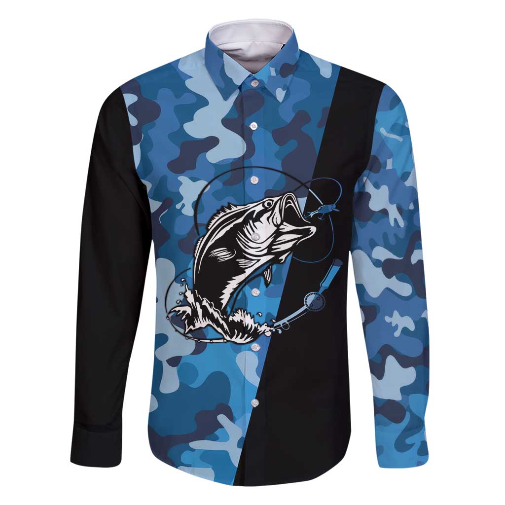 Custom Blue Camo Bass Fishing Family Matching Off Shoulder Short Dress and Hawaiian Shirt Fishing Rod Graphic Design - Wonder Print Shop