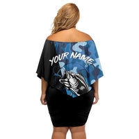 Custom Blue Camo Bass Fishing Family Matching Off Shoulder Short Dress and Hawaiian Shirt Fishing Rod Graphic Design - Wonder Print Shop