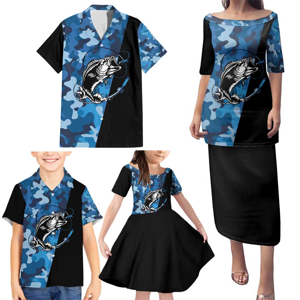 Custom Blue Camo Bass Fishing Family Matching Puletasi and Hawaiian Shirt Fishing Rod Graphic Design - Wonder Print Shop