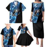 Custom Blue Camo Bass Fishing Family Matching Puletasi and Hawaiian Shirt Fishing Rod Graphic Design - Wonder Print Shop
