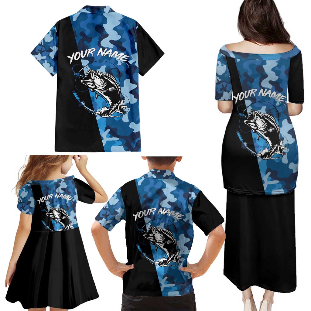 Custom Blue Camo Bass Fishing Family Matching Puletasi and Hawaiian Shirt Fishing Rod Graphic Design - Wonder Print Shop