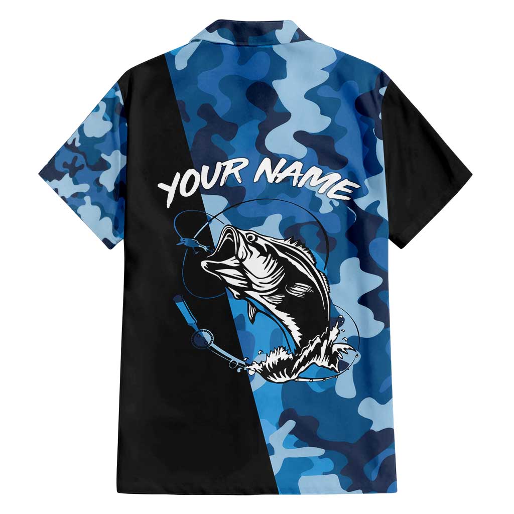 Custom Blue Camo Bass Fishing Family Matching Puletasi and Hawaiian Shirt Fishing Rod Graphic Design - Wonder Print Shop