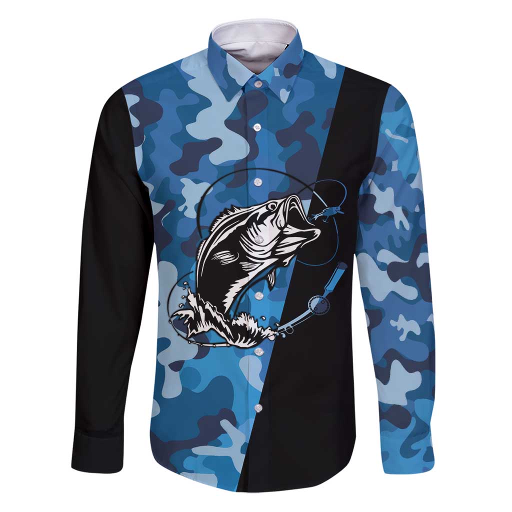 Custom Blue Camo Bass Fishing Family Matching Puletasi and Hawaiian Shirt Fishing Rod Graphic Design - Wonder Print Shop