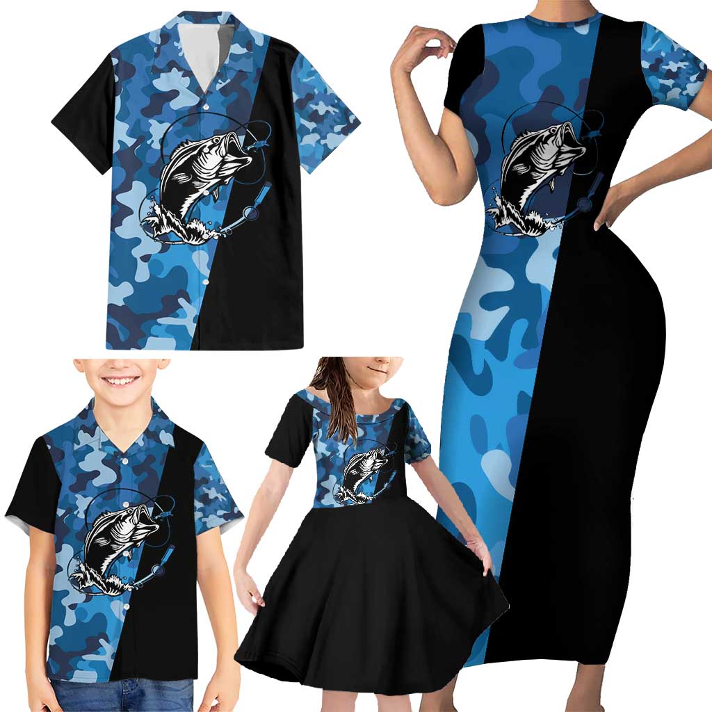 Custom Blue Camo Bass Fishing Family Matching Short Sleeve Bodycon Dress and Hawaiian Shirt Fishing Rod Graphic Design - Wonder Print Shop