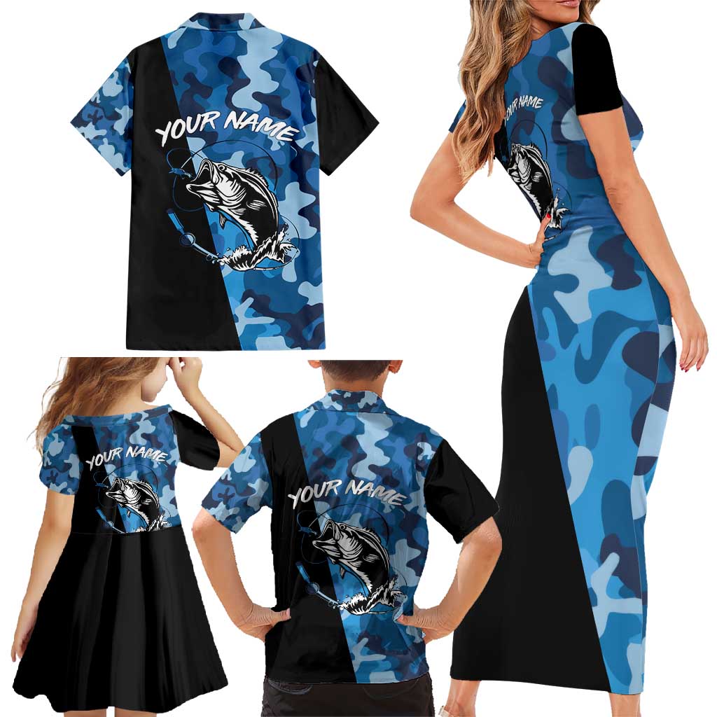 Custom Blue Camo Bass Fishing Family Matching Short Sleeve Bodycon Dress and Hawaiian Shirt Fishing Rod Graphic Design - Wonder Print Shop