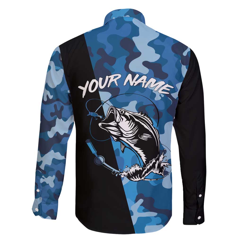 Custom Blue Camo Bass Fishing Family Matching Short Sleeve Bodycon Dress and Hawaiian Shirt Fishing Rod Graphic Design - Wonder Print Shop