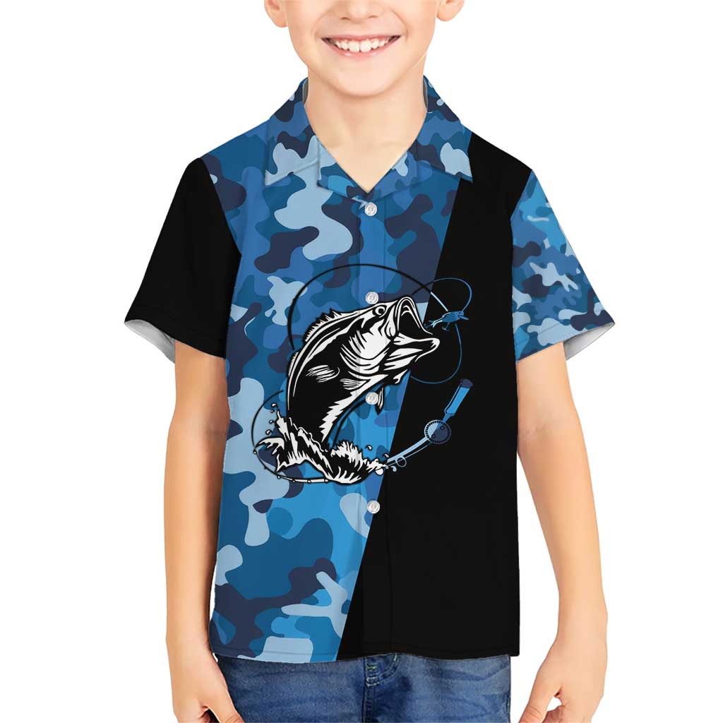 Custom Blue Camo Bass Fishing Family Matching Short Sleeve Bodycon Dress and Hawaiian Shirt Fishing Rod Graphic Design - Wonder Print Shop