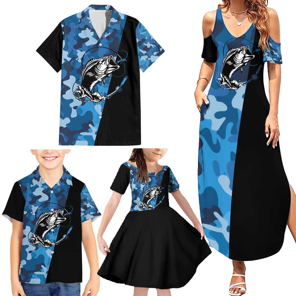 Custom Blue Camo Bass Fishing Family Matching Summer Maxi Dress and Hawaiian Shirt Fishing Rod Graphic Design - Wonder Print Shop