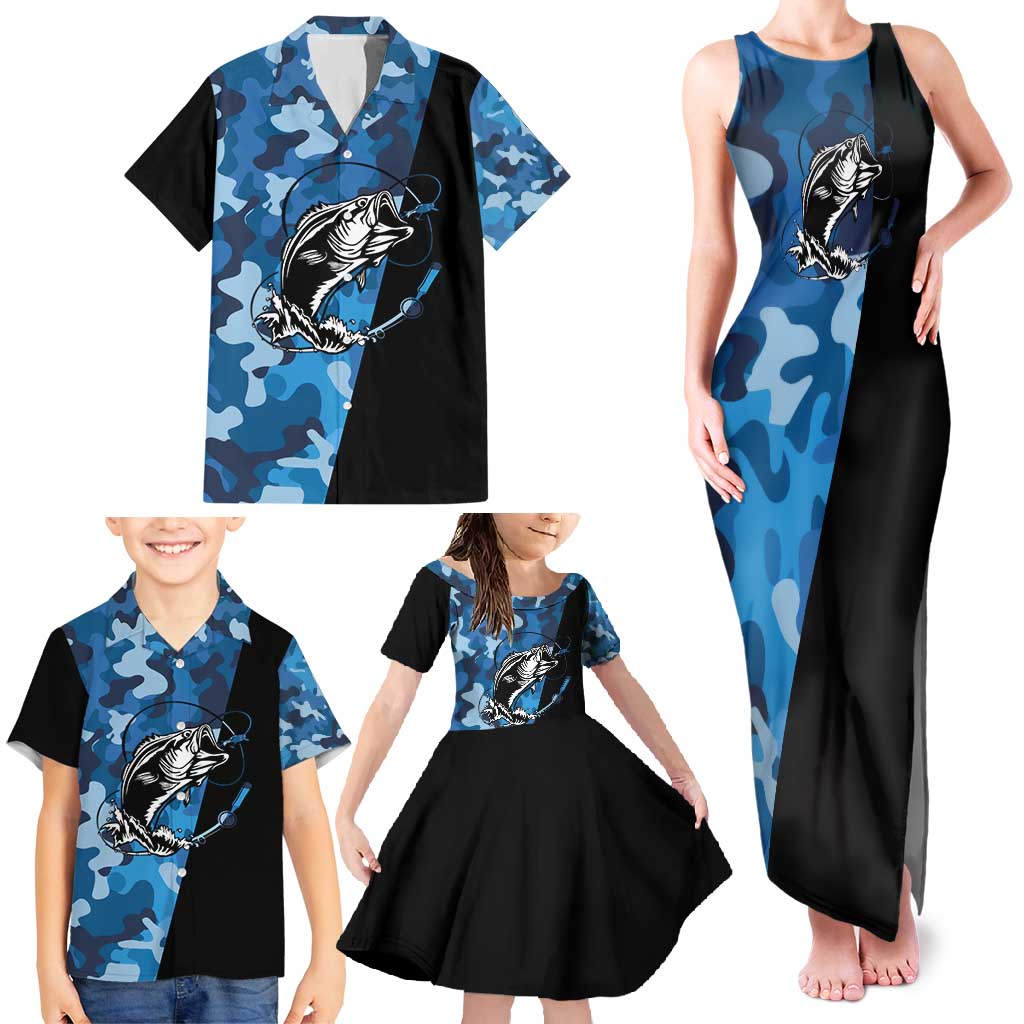 Custom Blue Camo Bass Fishing Family Matching Tank Maxi Dress and Hawaiian Shirt Fishing Rod Graphic Design - Wonder Print Shop