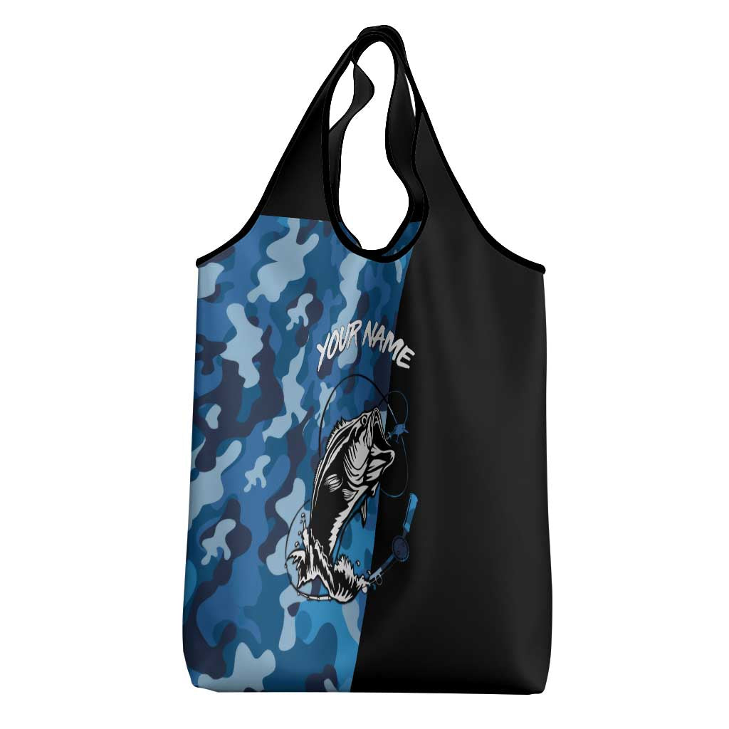 Custom Blue Camo Bass Fishing Grocery Bag Fishing Rod Graphic Design - Wonder Print Shop