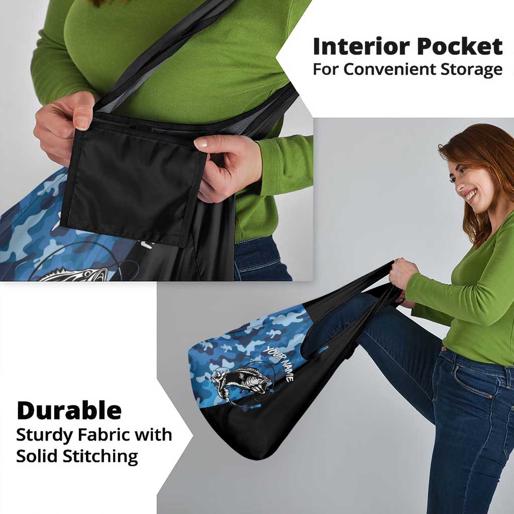 Custom Blue Camo Bass Fishing Grocery Bag Fishing Rod Graphic Design - Wonder Print Shop
