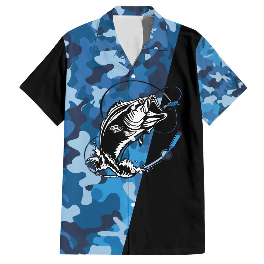 Custom Blue Camo Bass Fishing Hawaiian Shirt Fishing Rod Graphic Design - Wonder Print Shop