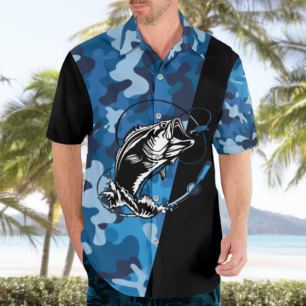 Custom Blue Camo Bass Fishing Hawaiian Shirt Fishing Rod Graphic Design - Wonder Print Shop