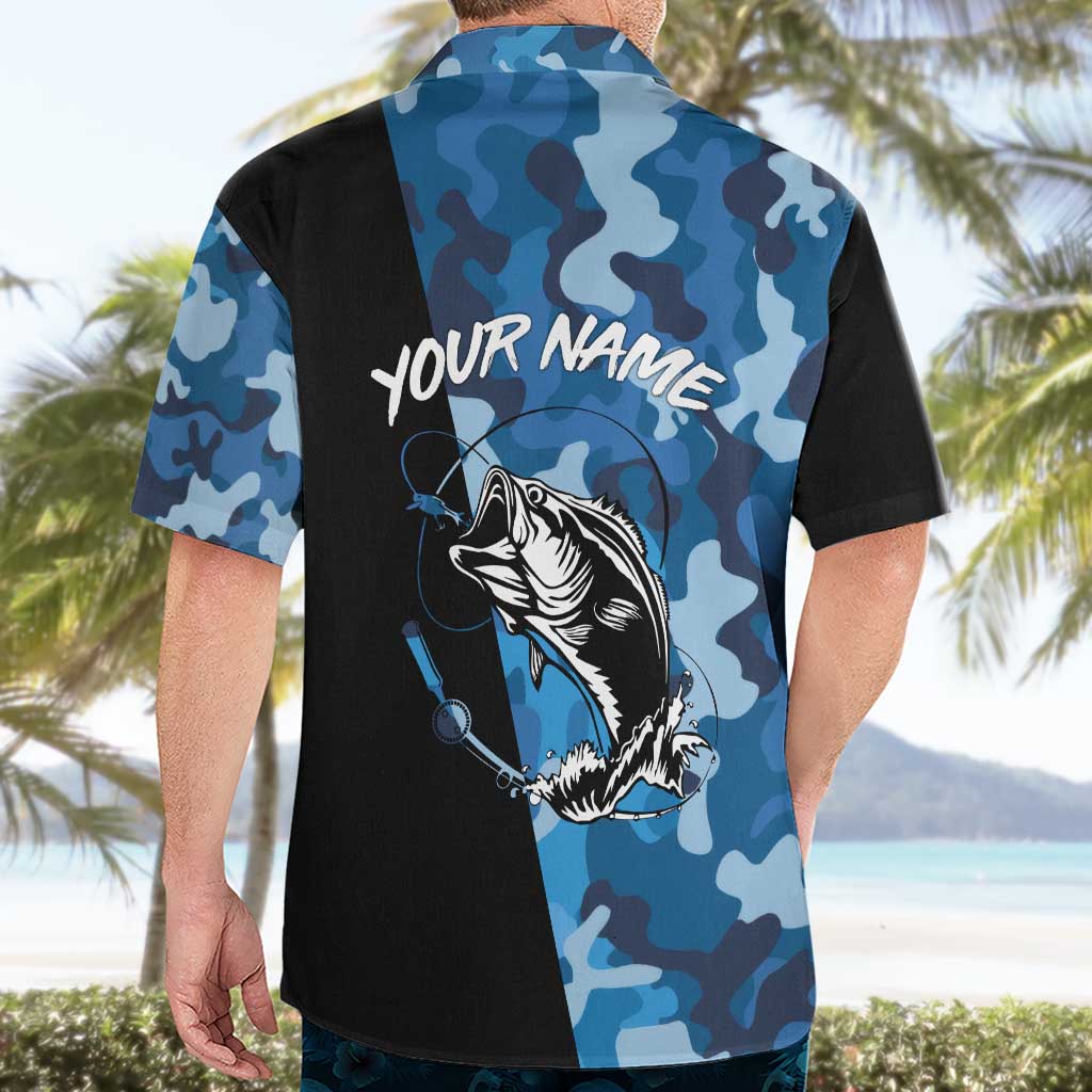 Custom Blue Camo Bass Fishing Hawaiian Shirt Fishing Rod Graphic Design - Wonder Print Shop