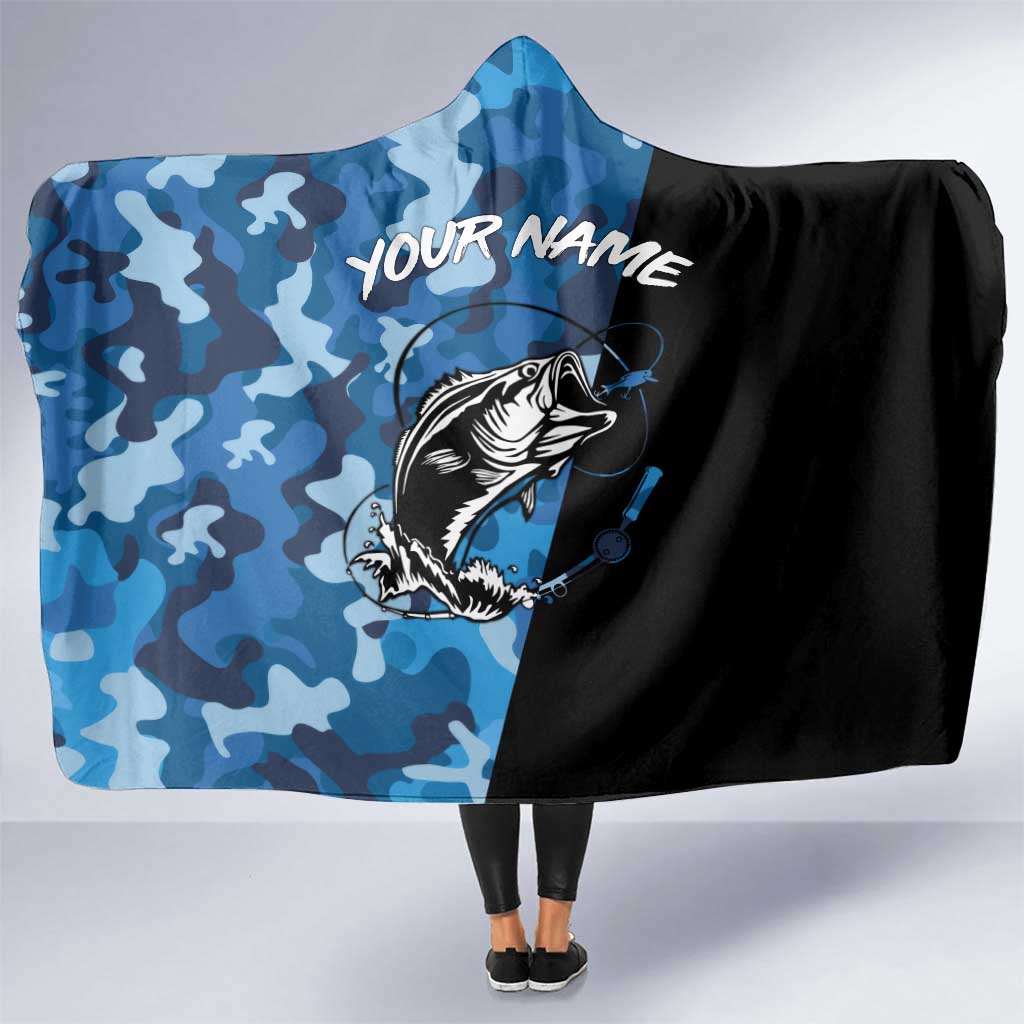 Custom Blue Camo Bass Fishing Hooded Blanket Fishing Rod Graphic Design - Wonder Print Shop