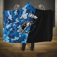 Custom Blue Camo Bass Fishing Hooded Blanket Fishing Rod Graphic Design - Wonder Print Shop