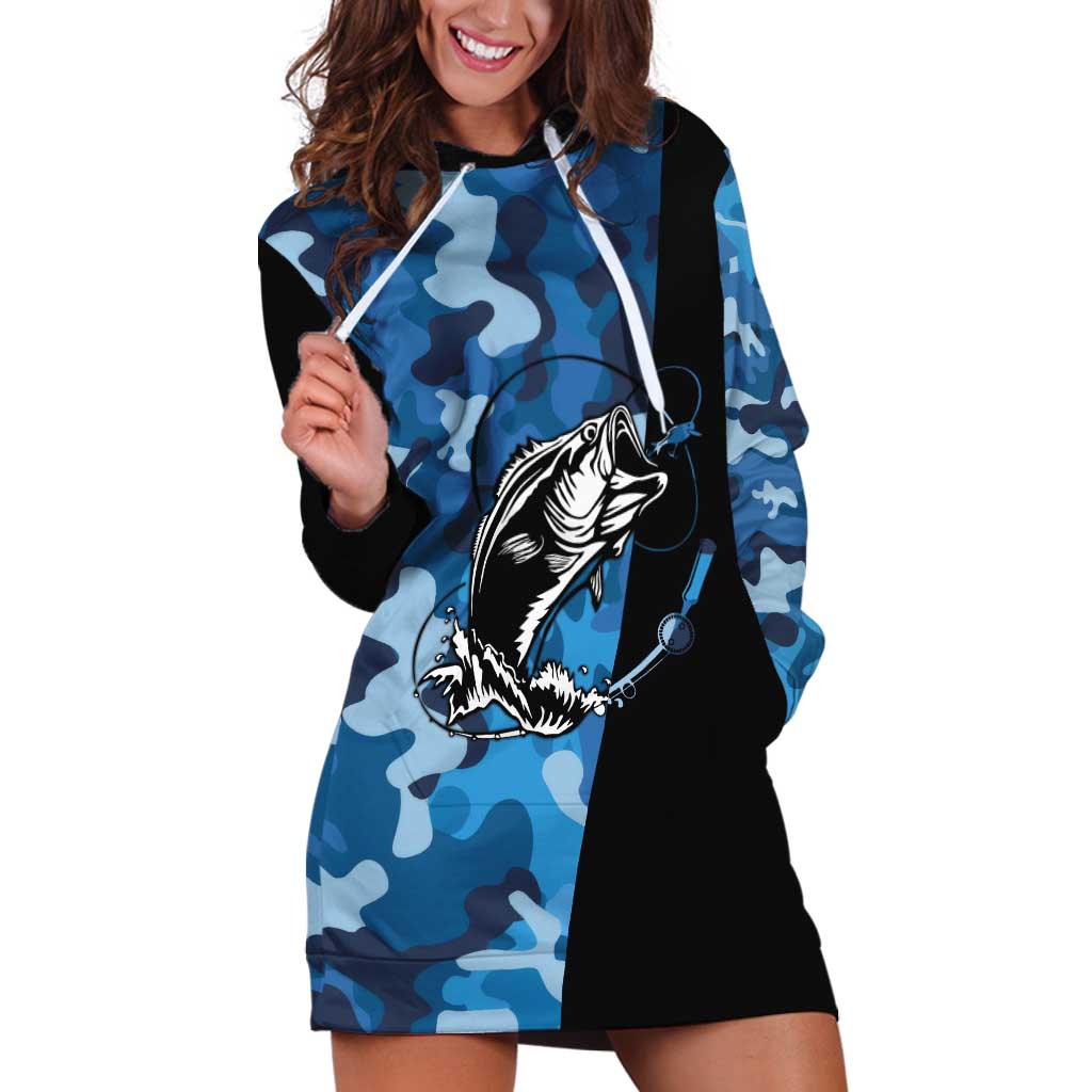 Custom Blue Camo Bass Fishing Hoodie Dress Fishing Rod Graphic Design - Wonder Print Shop