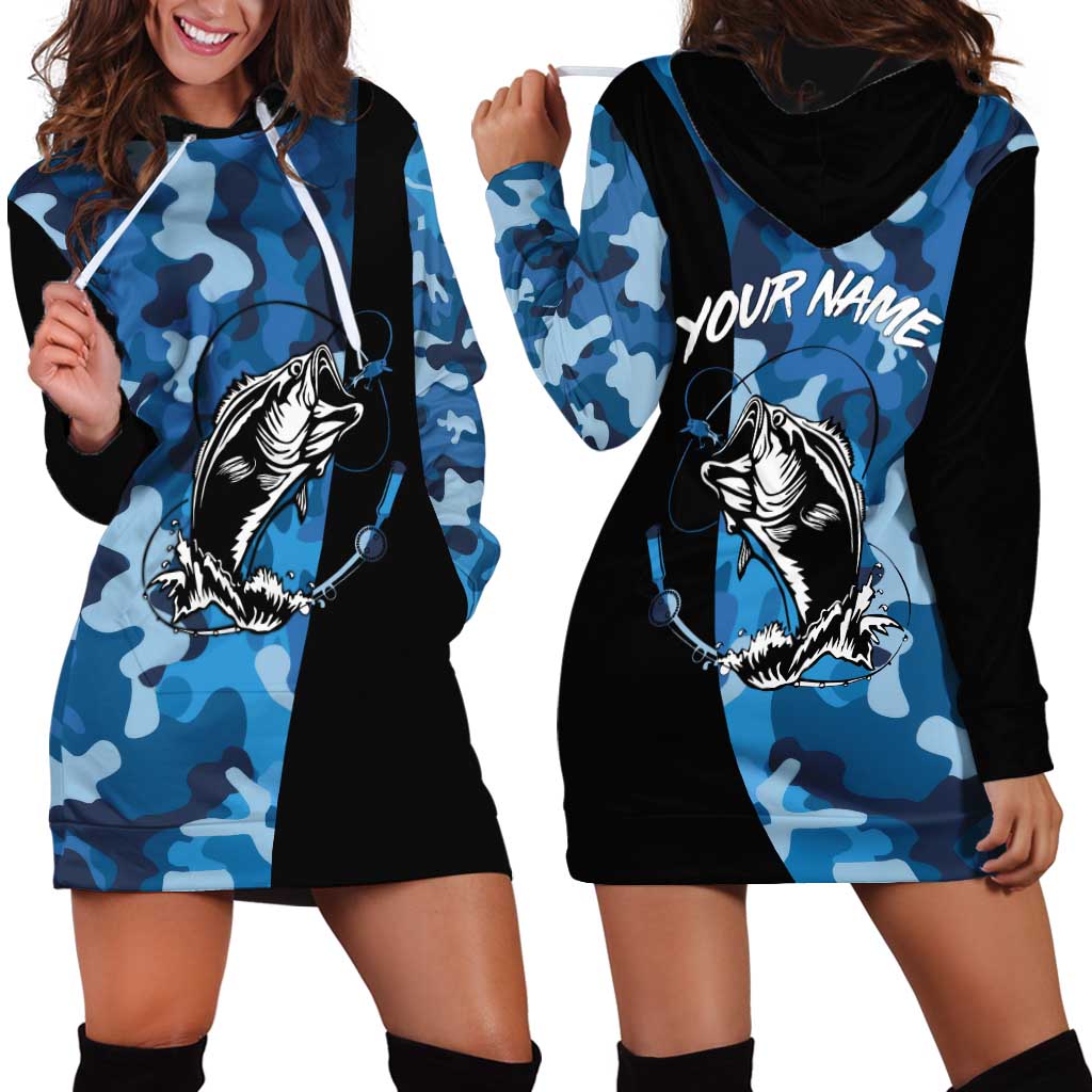 Custom Blue Camo Bass Fishing Hoodie Dress Fishing Rod Graphic Design - Wonder Print Shop