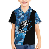 Custom Blue Camo Bass Fishing Kid Hawaiian Shirt Fishing Rod Graphic Design - Wonder Print Shop