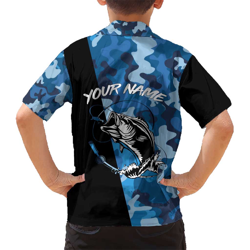 Custom Blue Camo Bass Fishing Kid Hawaiian Shirt Fishing Rod Graphic Design - Wonder Print Shop