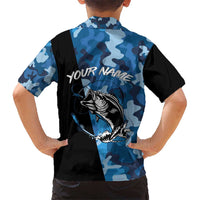 Custom Blue Camo Bass Fishing Kid Hawaiian Shirt Fishing Rod Graphic Design - Wonder Print Shop