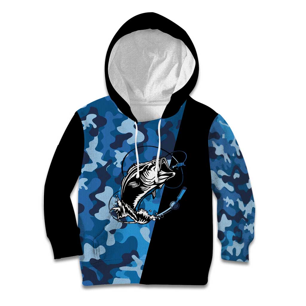 Custom Blue Camo Bass Fishing Kid Hoodie Fishing Rod Graphic Design - Wonder Print Shop
