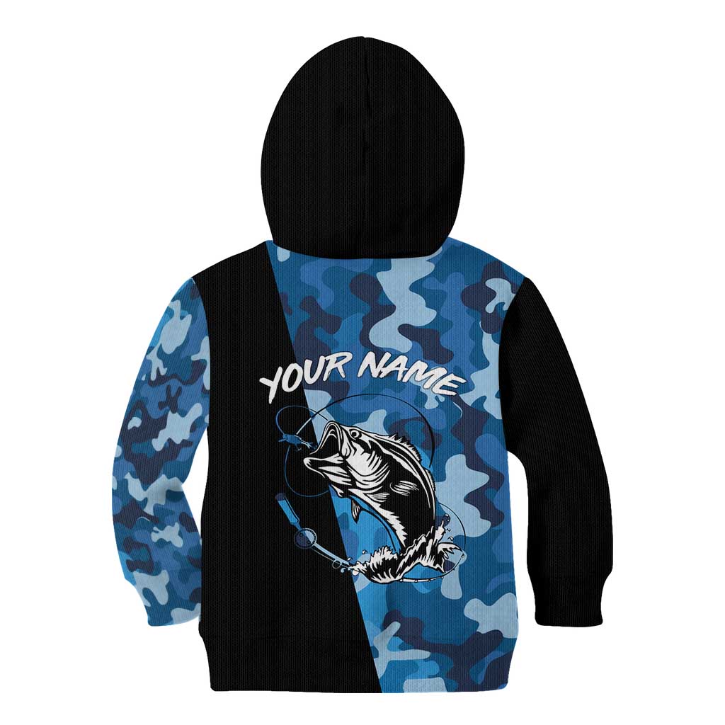 Custom Blue Camo Bass Fishing Kid Hoodie Fishing Rod Graphic Design - Wonder Print Shop