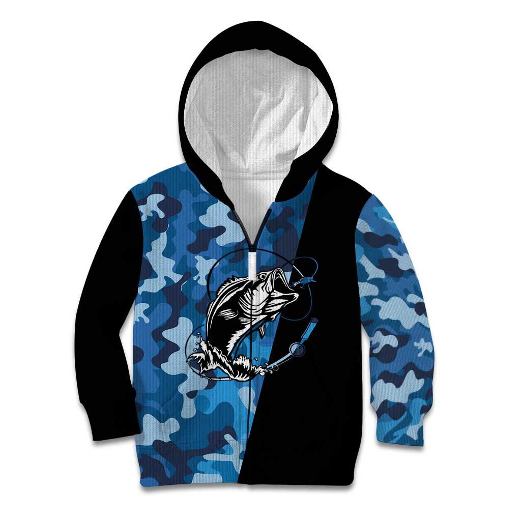 Custom Blue Camo Bass Fishing Kid Hoodie Fishing Rod Graphic Design - Wonder Print Shop
