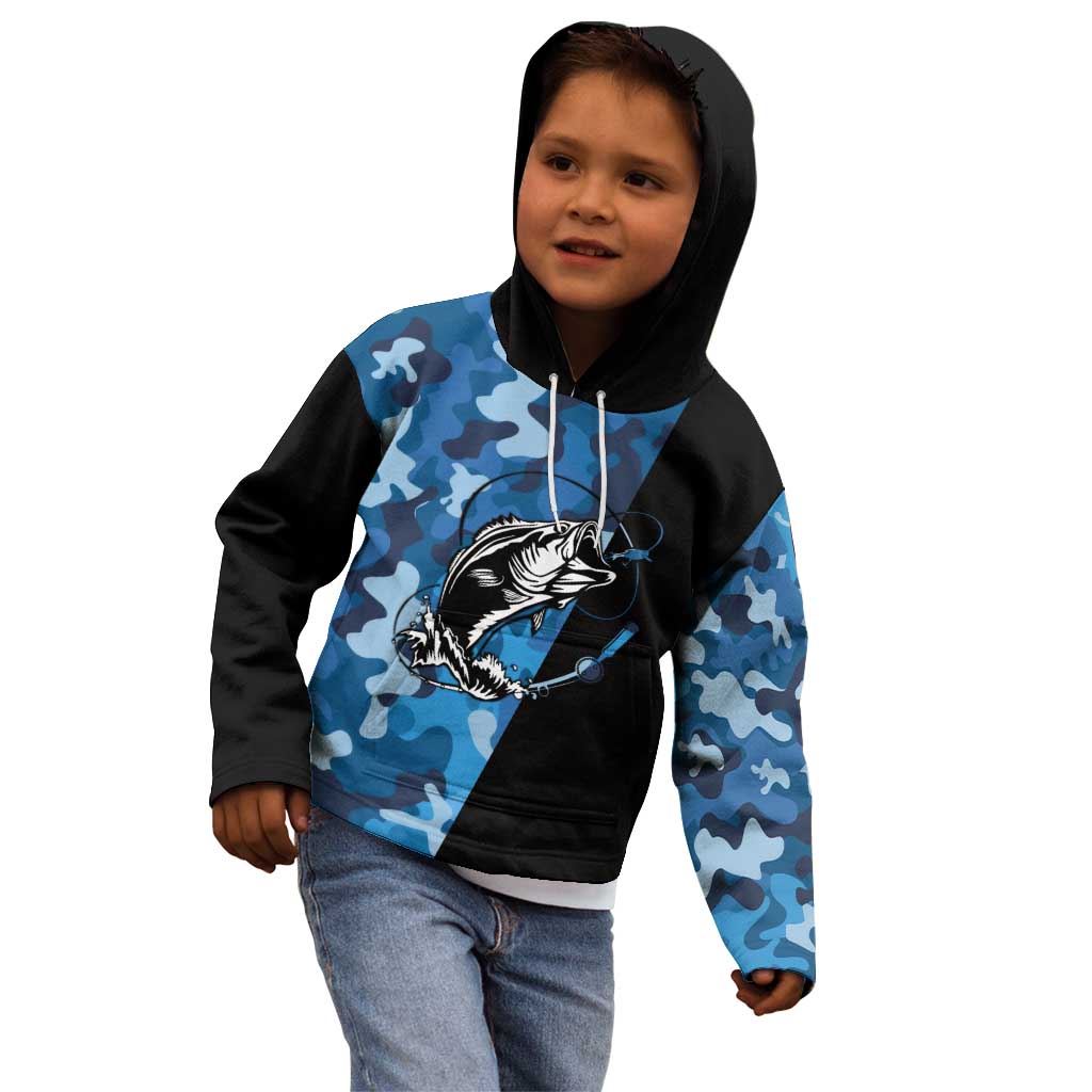 Custom Blue Camo Bass Fishing Kid Hoodie Fishing Rod Graphic Design - Wonder Print Shop