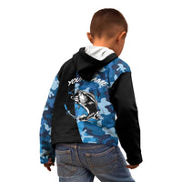 Custom Blue Camo Bass Fishing Kid Hoodie Fishing Rod Graphic Design - Wonder Print Shop