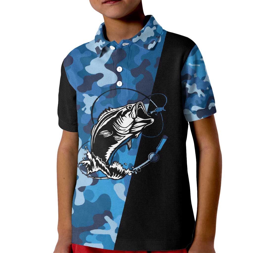 Custom Blue Camo Bass Fishing Kid Polo Shirt Fishing Rod Graphic Design - Wonder Print Shop