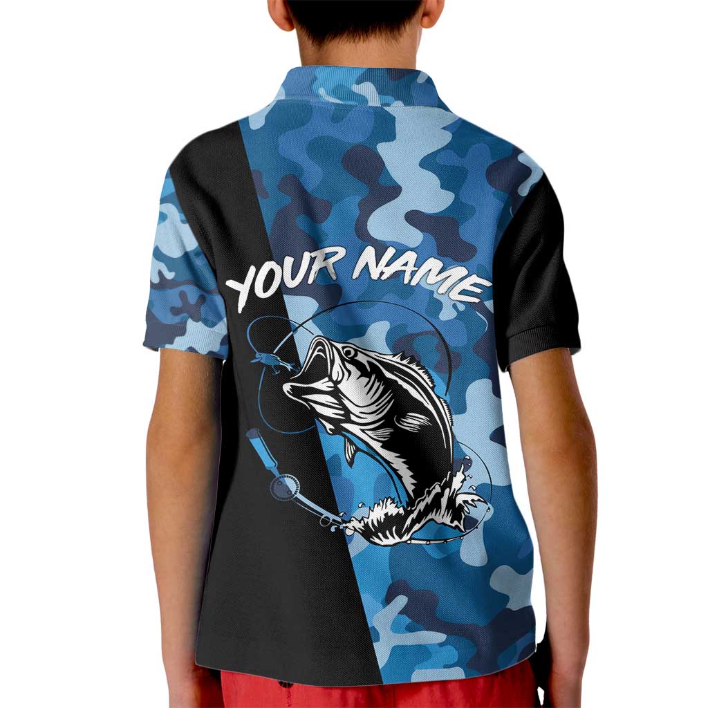 Custom Blue Camo Bass Fishing Kid Polo Shirt Fishing Rod Graphic Design - Wonder Print Shop