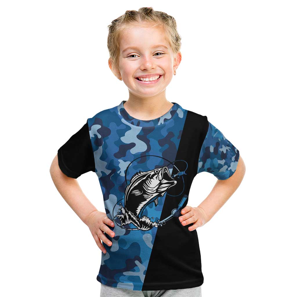 Custom Blue Camo Bass Fishing Kid T Shirt Fishing Rod Graphic Design - Wonder Print Shop