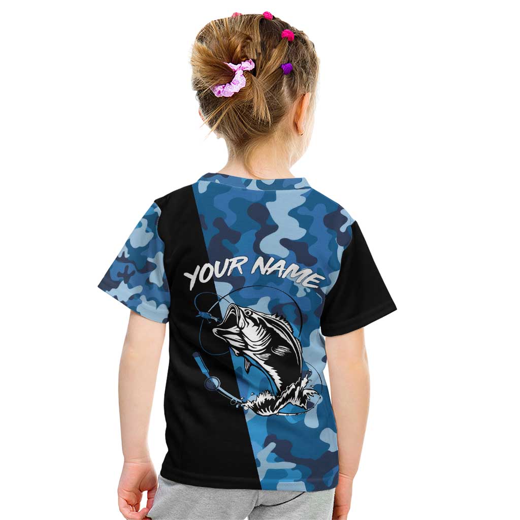 Custom Blue Camo Bass Fishing Kid T Shirt Fishing Rod Graphic Design - Wonder Print Shop