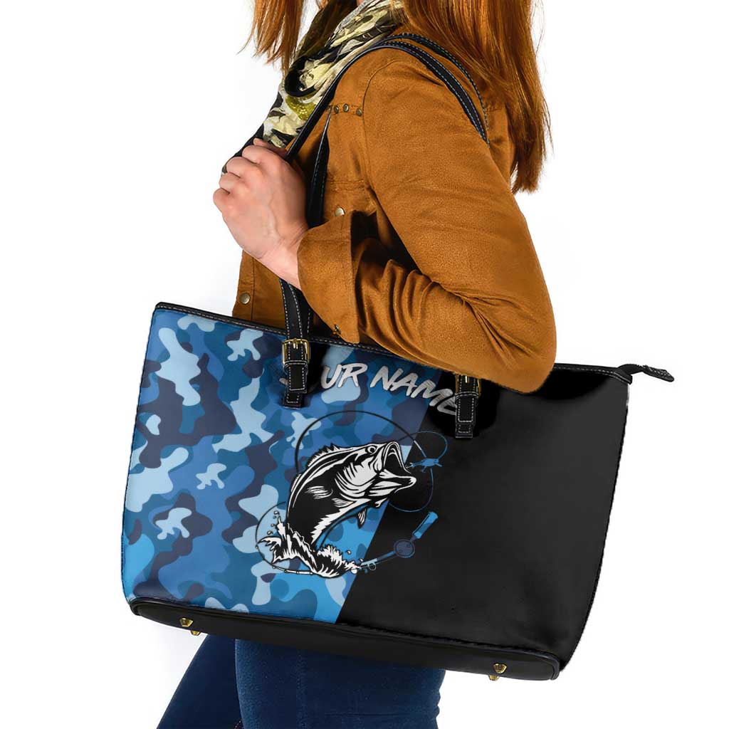 Custom Blue Camo Bass Fishing Leather Tote Bag Fishing Rod Graphic Design - Wonder Print Shop