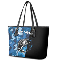 Custom Blue Camo Bass Fishing Leather Tote Bag Fishing Rod Graphic Design - Wonder Print Shop