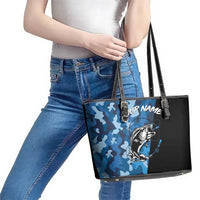Custom Blue Camo Bass Fishing Leather Tote Bag Fishing Rod Graphic Design - Wonder Print Shop