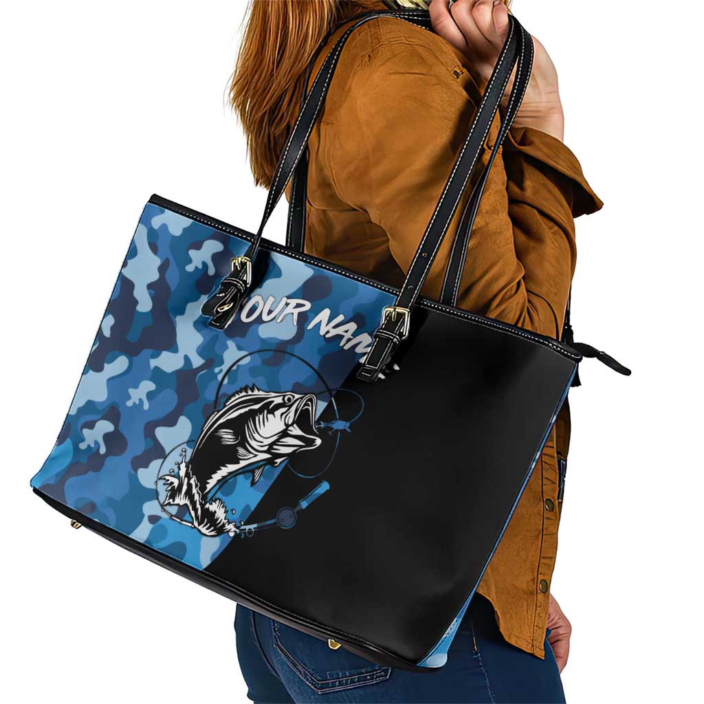 Custom Blue Camo Bass Fishing Leather Tote Bag Fishing Rod Graphic Design - Wonder Print Shop