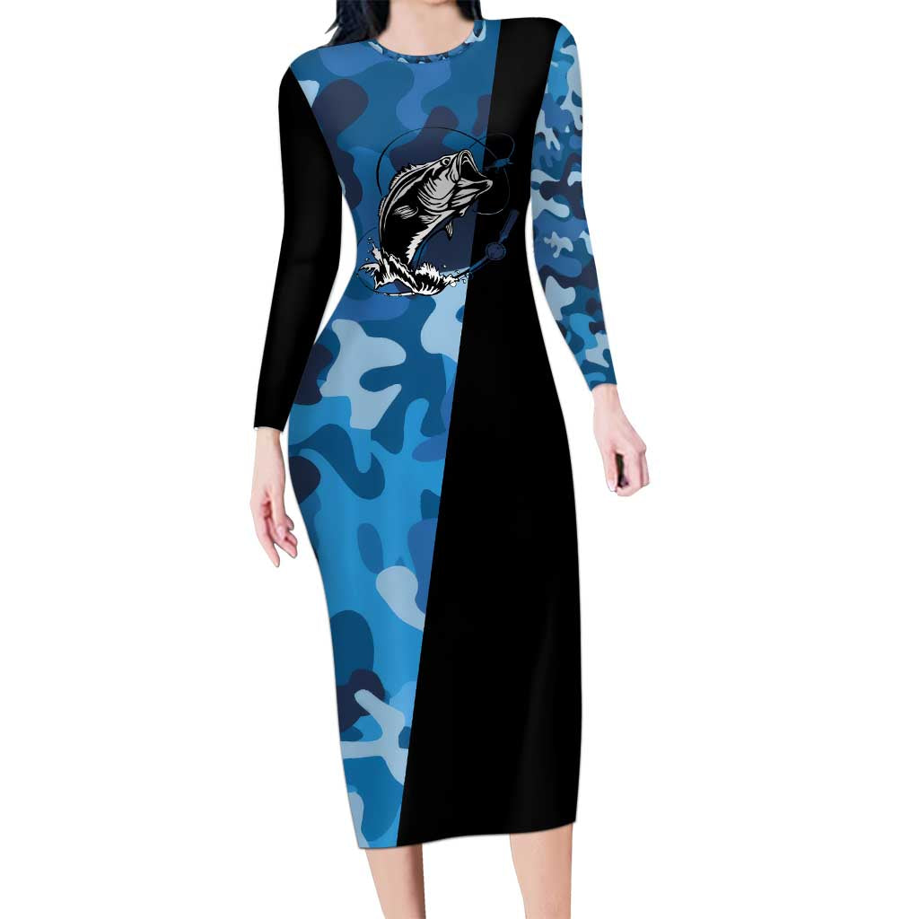 Custom Blue Camo Bass Fishing Long Sleeve Bodycon Dress Fishing Rod Graphic Design - Wonder Print Shop