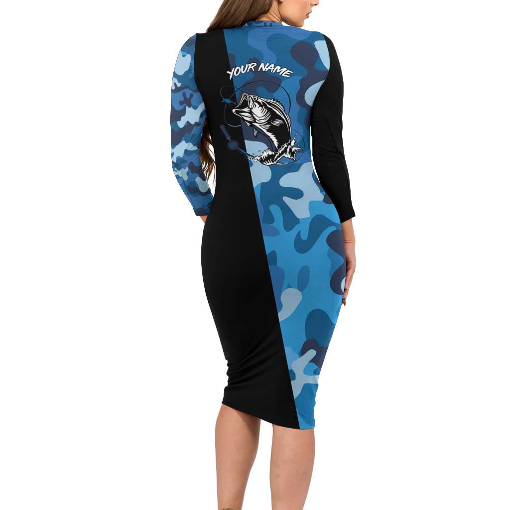 Custom Blue Camo Bass Fishing Long Sleeve Bodycon Dress Fishing Rod Graphic Design - Wonder Print Shop