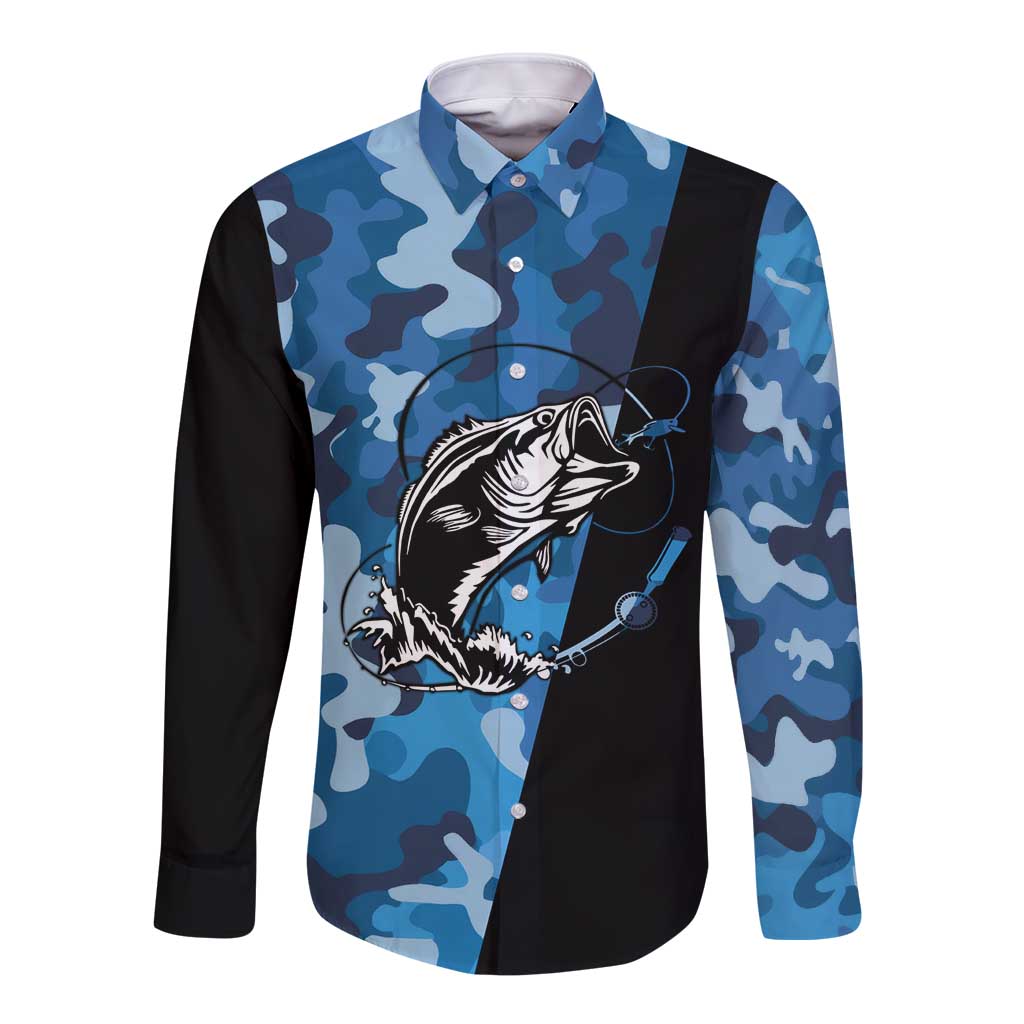 Custom Blue Camo Bass Fishing Long Sleeve Button Shirt Fishing Rod Graphic Design - Wonder Print Shop